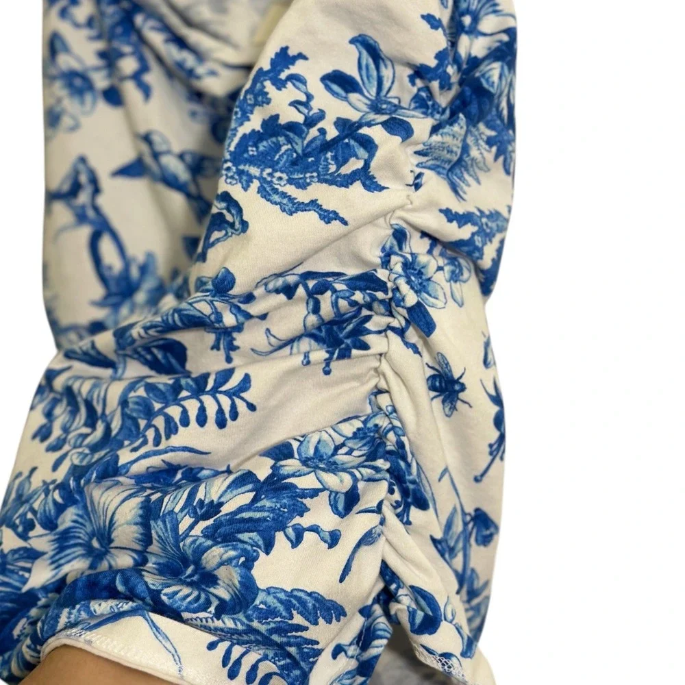 Maeve Anthropologie Blue White Floral Ruched Tie Shoulder Camisole Top SZ Large - Picture 5 of 8
